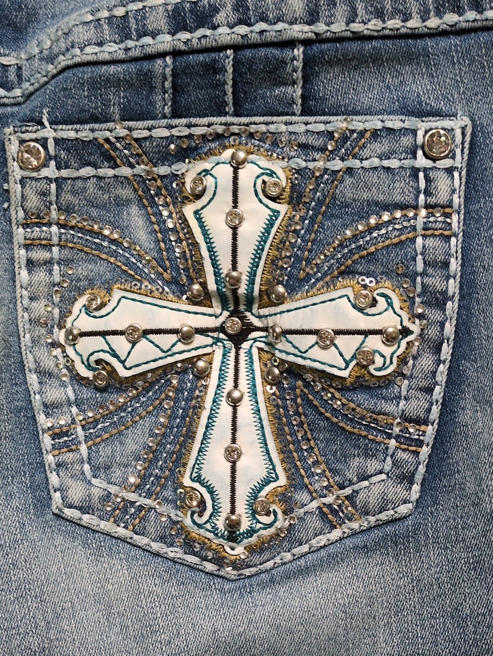 Sky Premium Collection Cross Pocket Rhinestone Bootcut Jeans Size 7/8 - Picture 7 of 16